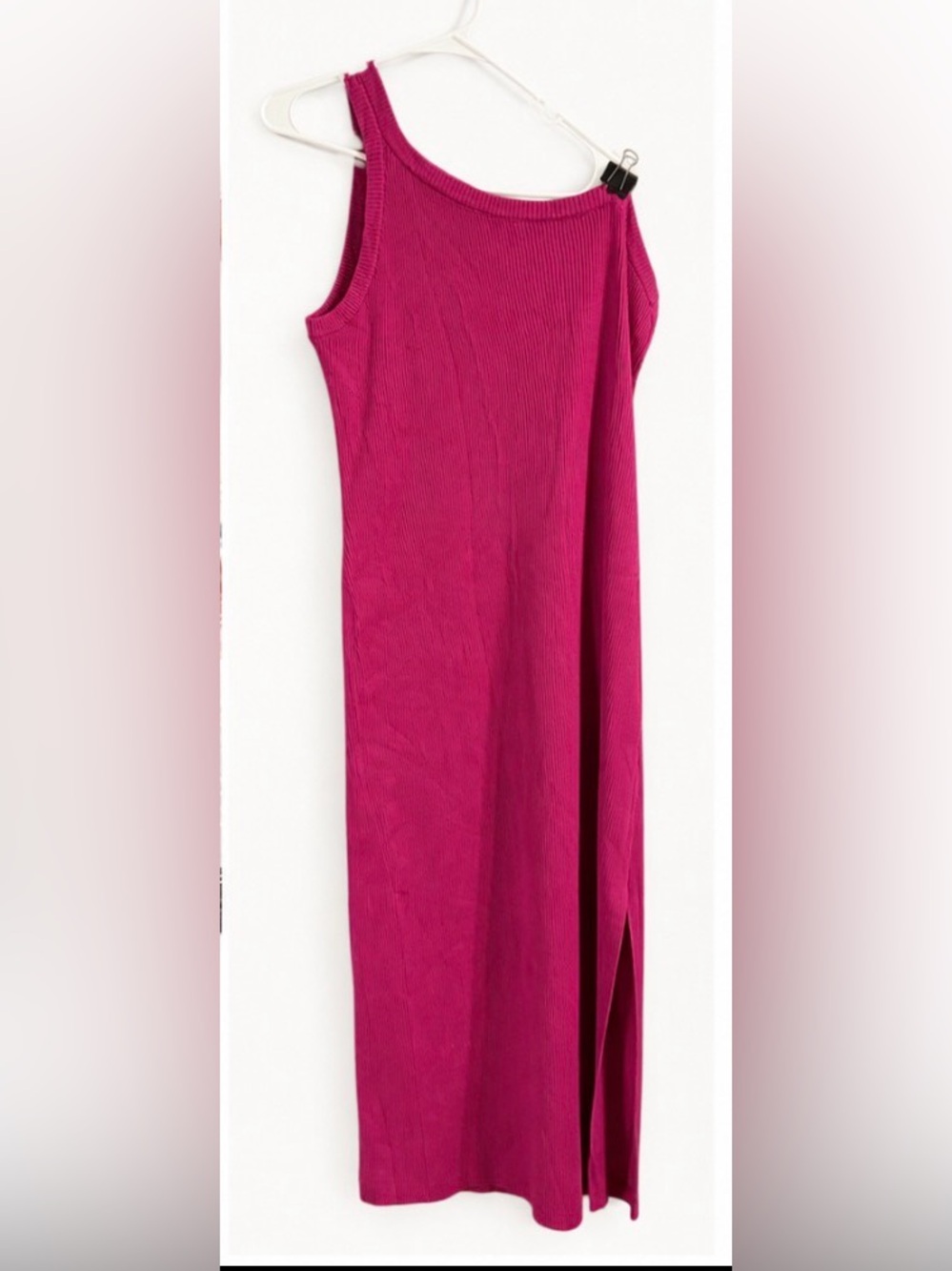 Magenta Ribbed Knit Midi One Strap Dress